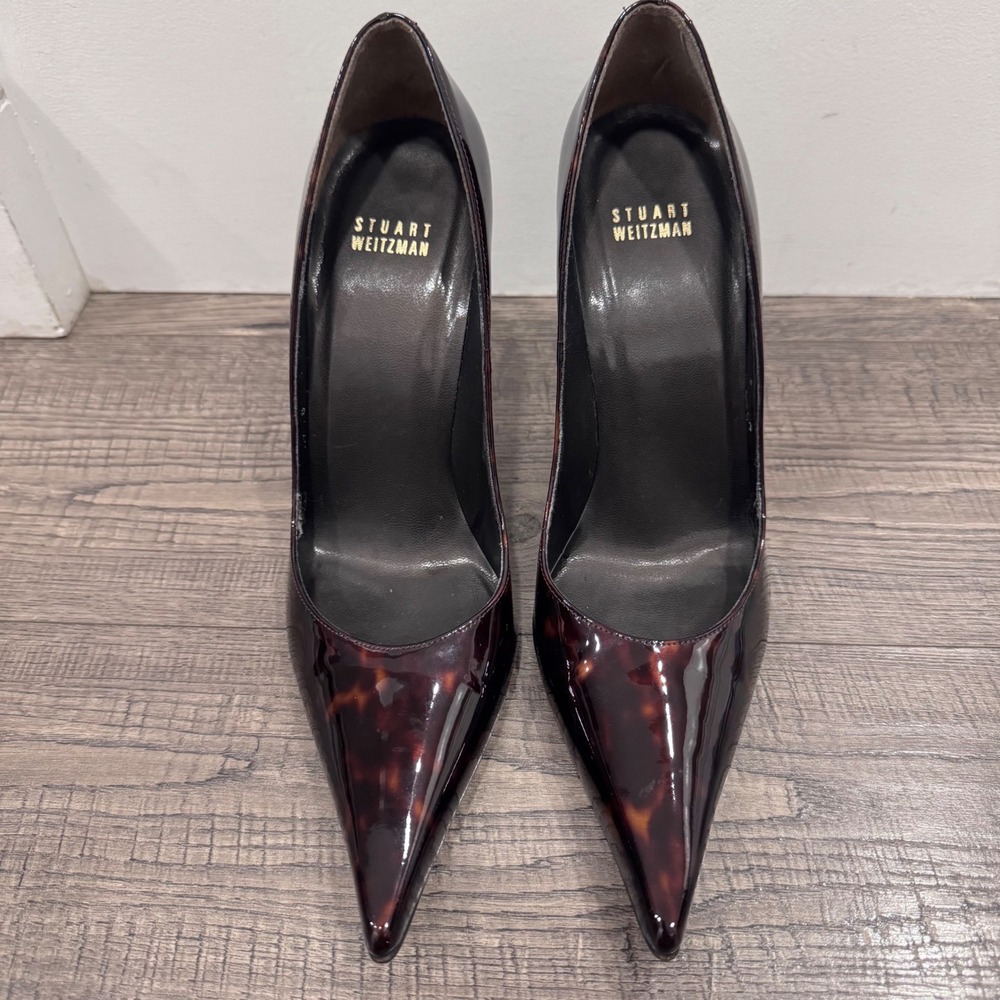 Stuart Weitzman Tortoise Patent Leather Pointed Toe Pumps Burgundy Stiletto 8M